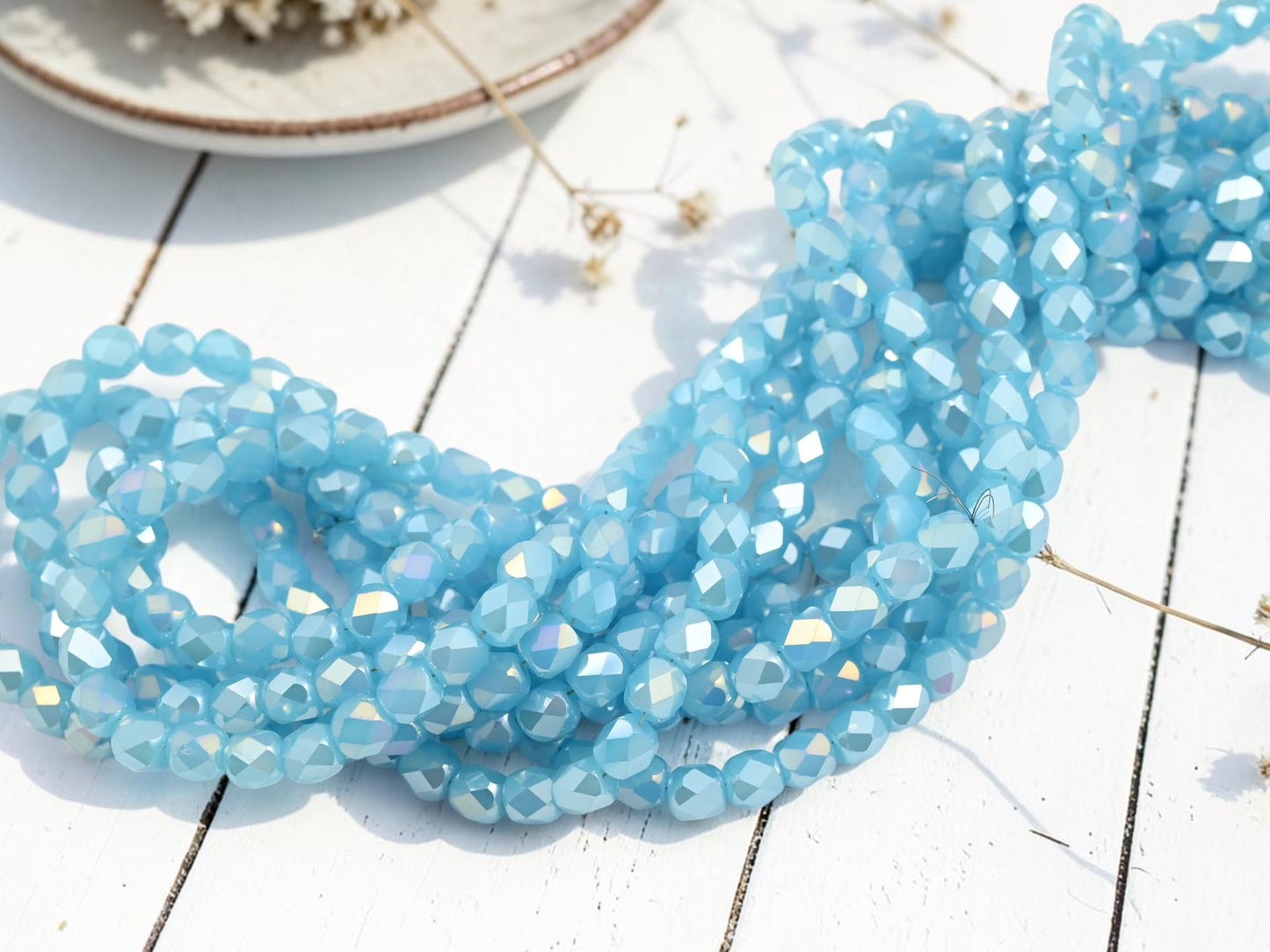 5x6mm Electroplated Sky Blue Opaline Luster Faceted Round Beads (21" Strand)
