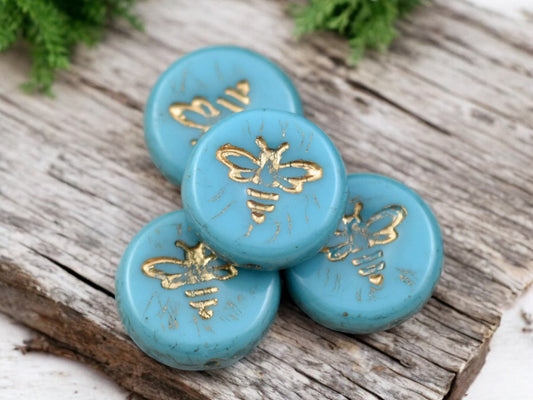 *12* 12mm Gold Washed Blue Turquoise Bee Coin Beads
