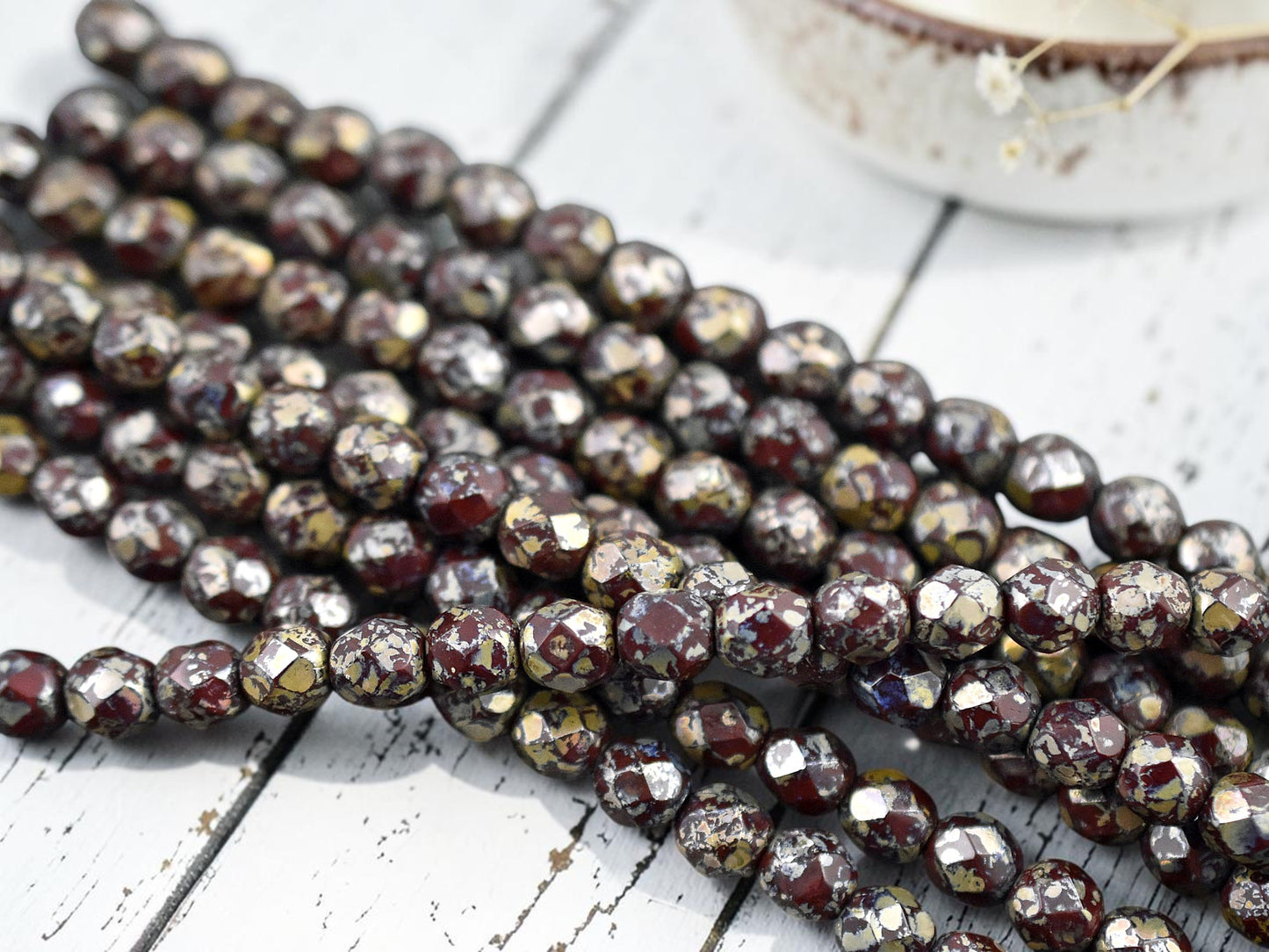 *25* 6mm Dark Red Silver Travertine Fire Polished Round Beads