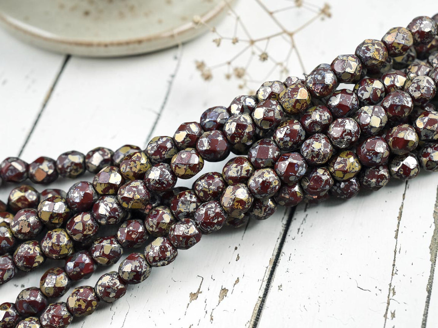 *25* 6mm Dark Red Silver Travertine Fire Polished Round Beads