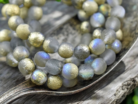 Gold Etched Matte Transluent Grey AB Round Druk Beads