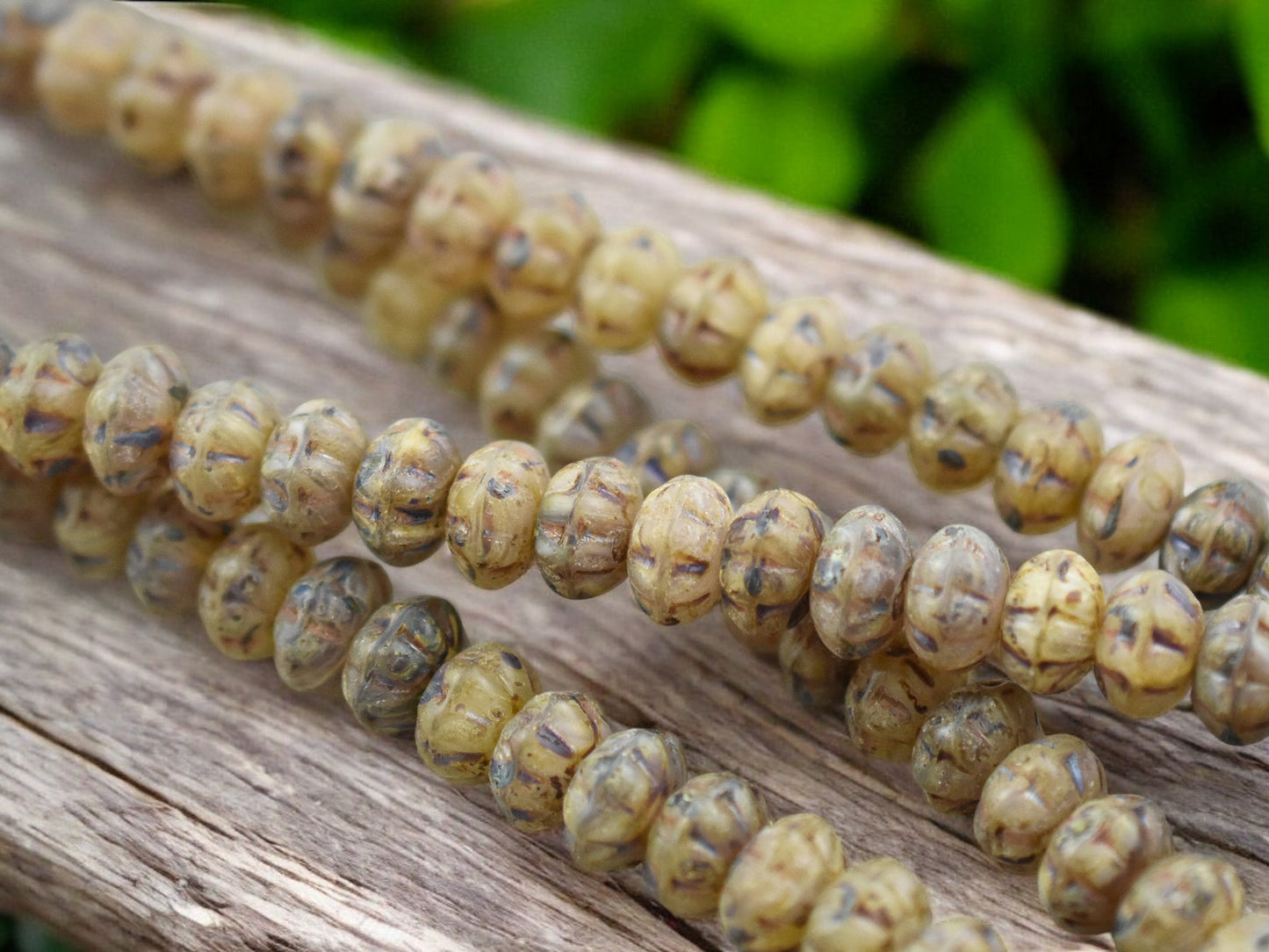 5x8mm Rustic Matte Champagne Beige Picasso Ribbed Rondelle Beads - 8" Strand