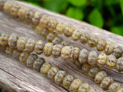 5x8mm Rustic Matte Champagne Beige Picasso Ribbed Rondelle Beads - 8" Strand
