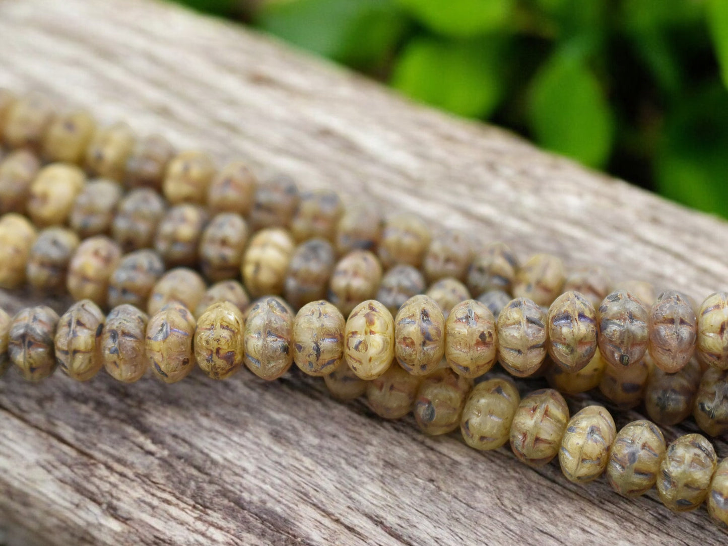 5x8mm Rustic Matte Champagne Beige Picasso Ribbed Rondelle Beads - 8" Strand