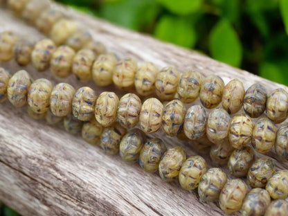 5x8mm Rustic Matte Champagne Beige Picasso Ribbed Rondelle Beads - 8" Strand