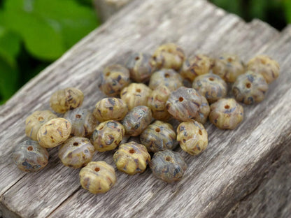 5x8mm Rustic Matte Champagne Beige Picasso Ribbed Rondelle Beads - 8" Strand