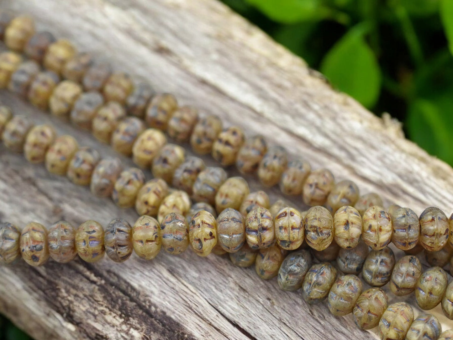 5x8mm Rustic Matte Champagne Beige Picasso Ribbed Rondelle Beads - 8" Strand
