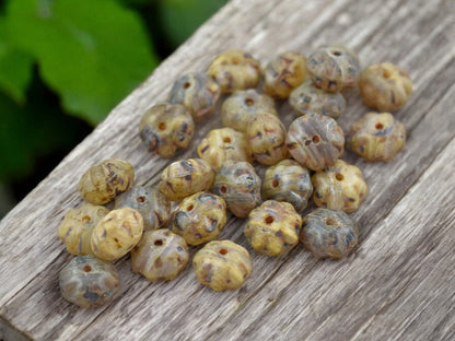 5x8mm Rustic Matte Champagne Beige Picasso Ribbed Rondelle Beads - 8" Strand