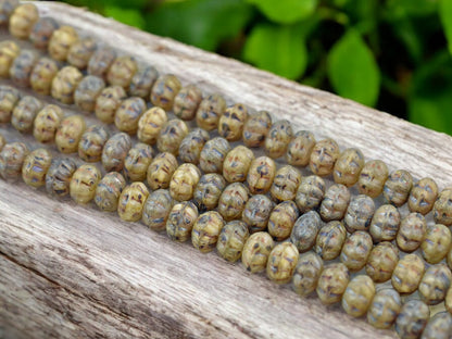 5x8mm Rustic Matte Champagne Beige Picasso Ribbed Rondelle Beads - 8" Strand