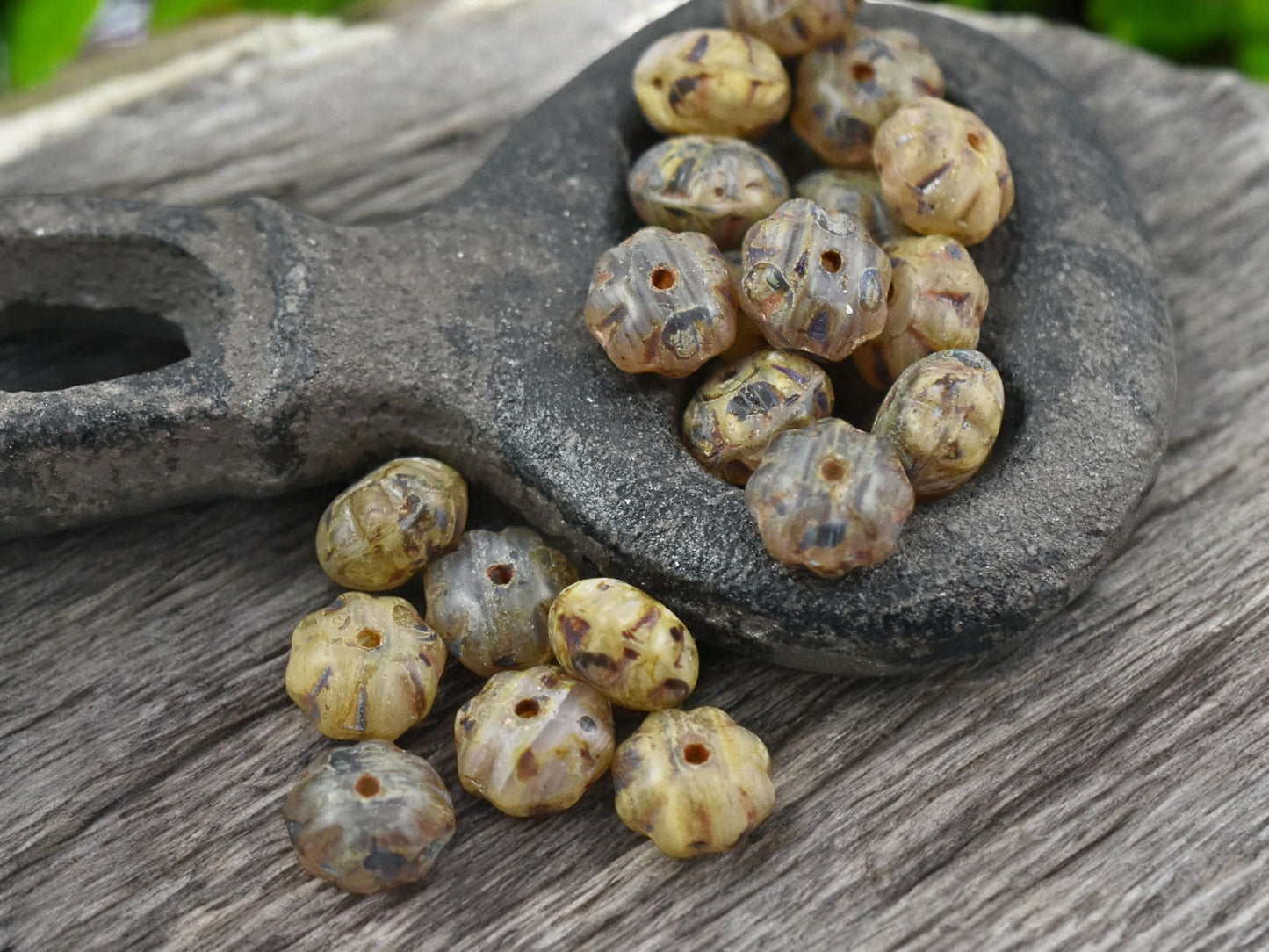 5x8mm Rustic Matte Champagne Beige Picasso Ribbed Rondelle Beads - 8" Strand