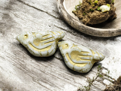 *6* 11x22mm Gold Washed Matte White Luster Bird Beads