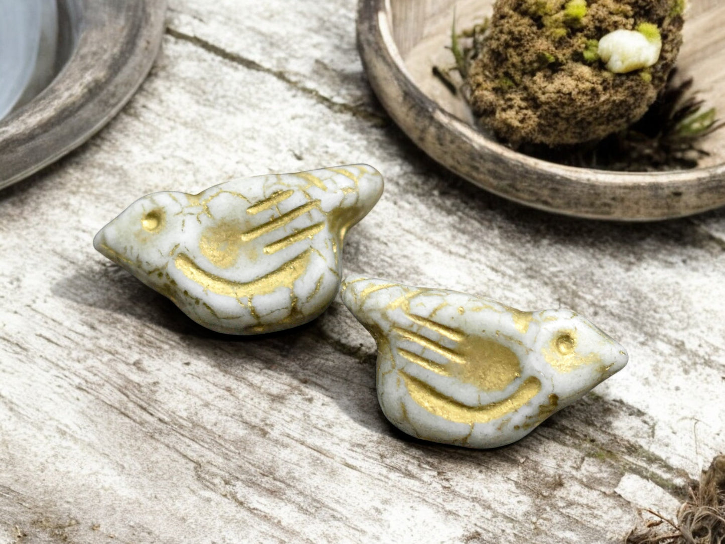 *6* 11x22mm Gold Washed Matte White Luster Bird Beads