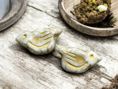 *6* 11x22mm Gold Washed Matte White Luster Bird Beads