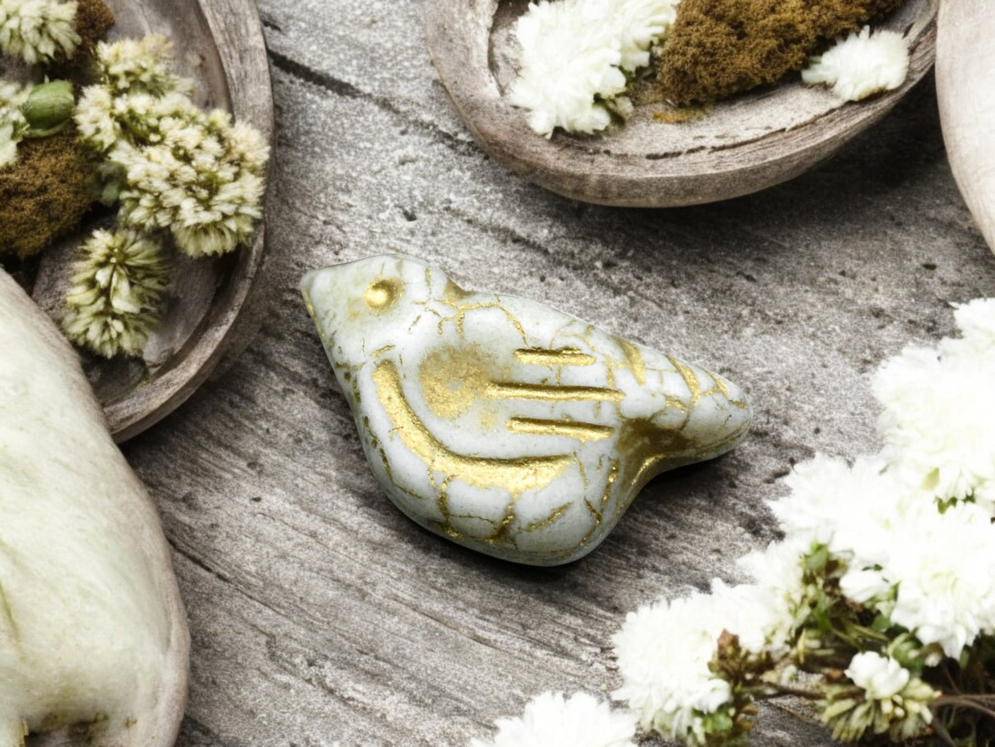 *6* 11x22mm Gold Washed Matte White Luster Bird Beads