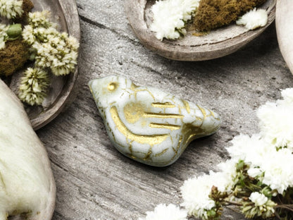 *6* 11x22mm Gold Washed Matte White Luster Bird Beads