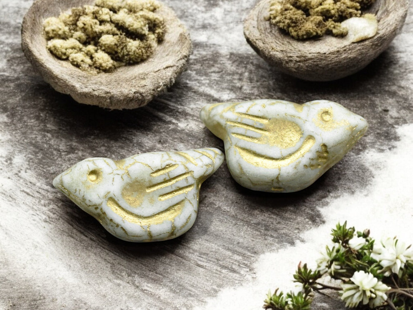 *6* 11x22mm Gold Washed Matte White Luster Bird Beads