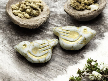 *6* 11x22mm Gold Washed Matte White Luster Bird Beads