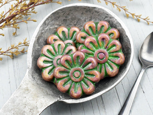 *6* 18mm Green Washed Rose Pink Alabaster Daisy Flower Beads