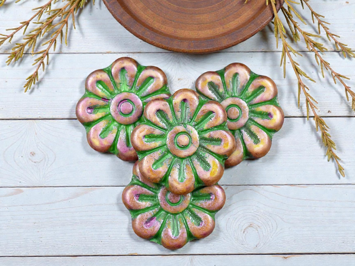 *6* 18mm Green Washed Rose Pink Alabaster Daisy Flower Beads