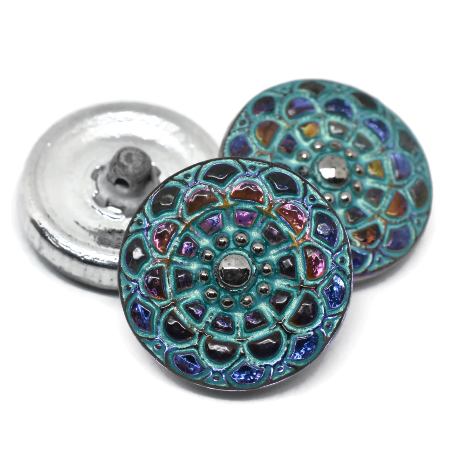 18mm Mandala Button Volcano with a Sea Green Wash and Silver Accents - Czech Glass Buttons