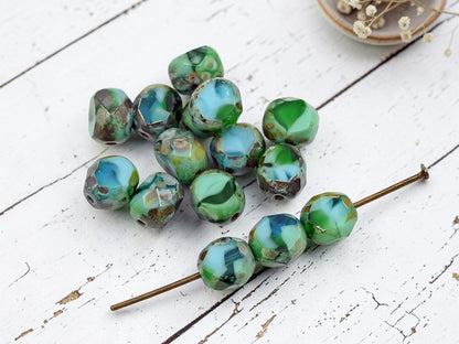 8mm Blended Turquoise Picasso 2 Cut Faceted Round Beads