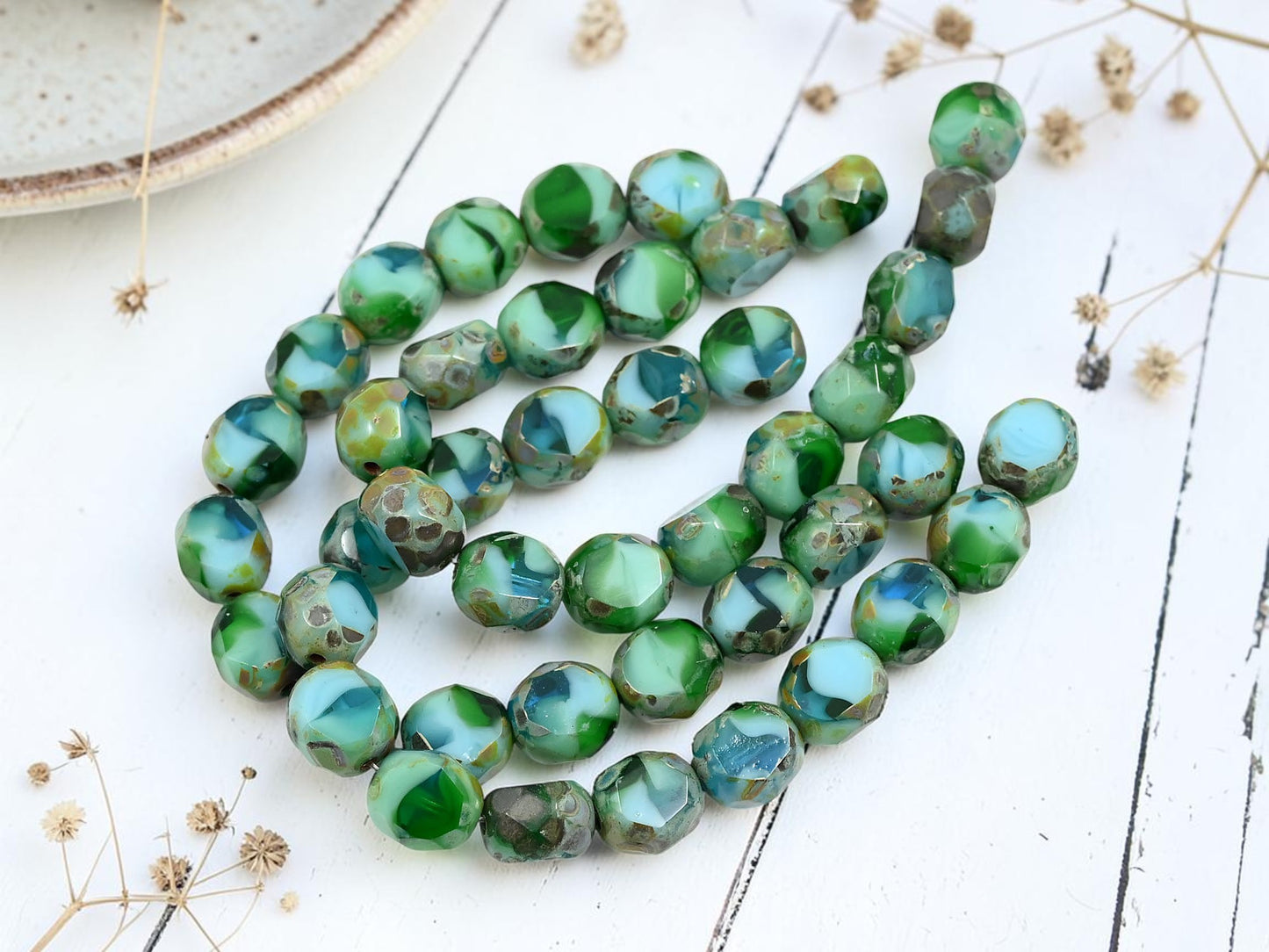 8mm Blended Turquoise Picasso 2 Cut Faceted Round Beads