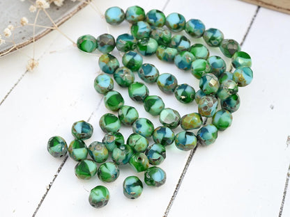 8mm Blended Turquoise Picasso 2 Cut Faceted Round Beads
