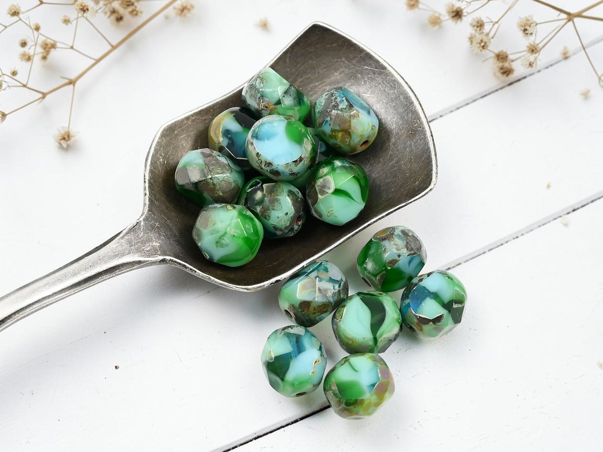 8mm Blended Turquoise Picasso 2 Cut Faceted Round Beads