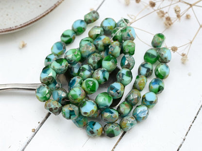8mm Blended Turquoise Picasso 2 Cut Faceted Round Beads
