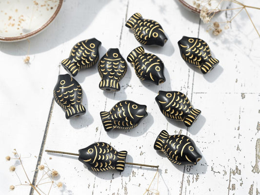*10* 22x14x9mm Gilded Jet Black Acrylic Fish beads