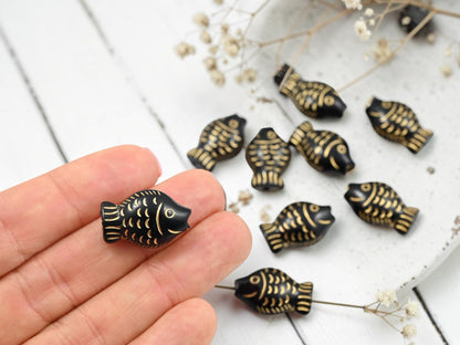 *10* 22x14x9mm Gilded Jet Black Acrylic Fish beads