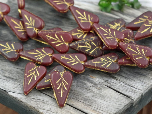 *8* 17x11mm Gold Washed Matte Ruby Red Heart Leaf Beads