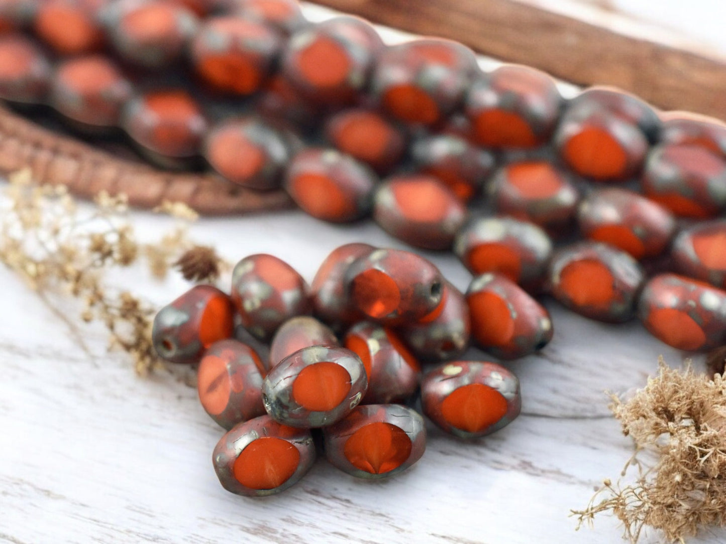 *15* 6x8mm Orange Travertine Fire Polished Window Cut Oval Beads