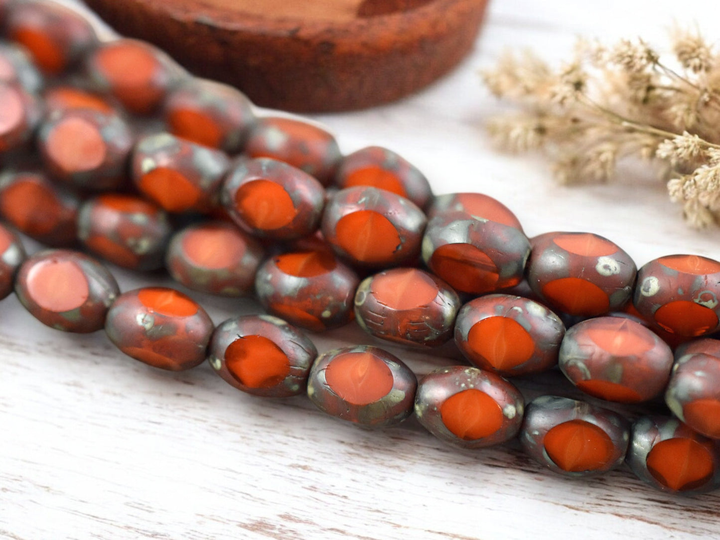*15* 6x8mm Orange Travertine Fire Polished Window Cut Oval Beads