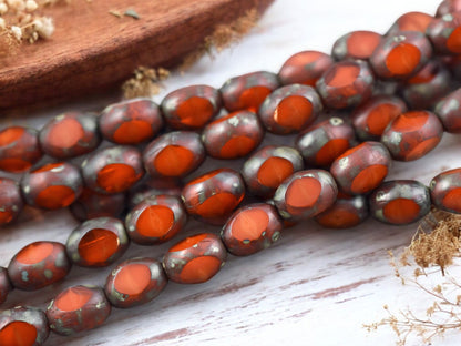 *15* 6x8mm Orange Travertine Fire Polished Window Cut Oval Beads