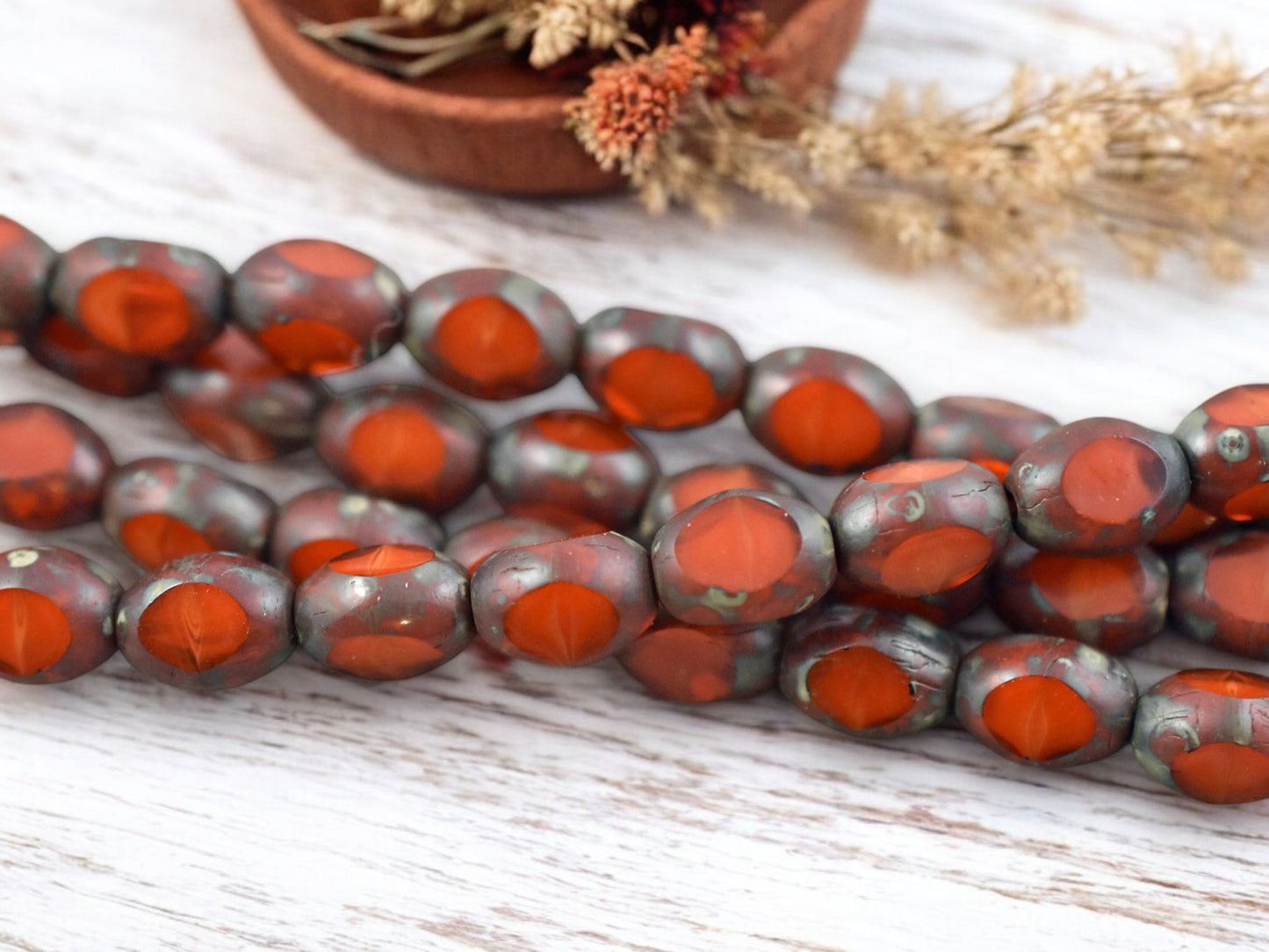 *15* 6x8mm Orange Travertine Fire Polished Window Cut Oval Beads