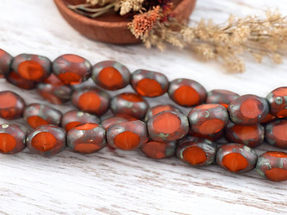 *15* 6x8mm Orange Travertine Fire Polished Window Cut Oval Beads