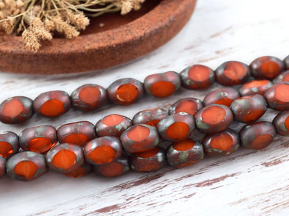 *15* 6x8mm Orange Travertine Fire Polished Window Cut Oval Beads