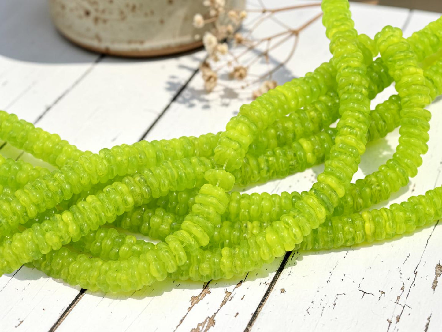*75* 8x2mm Varigated Chartreuse Forget Me Not Spacer Beads