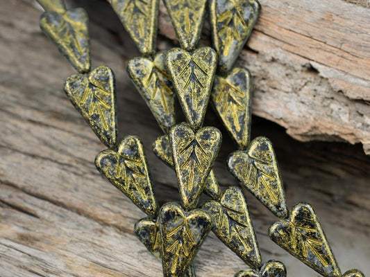 *10* 17x11mm Gold Washed Jet Black Heart Leaf Beads