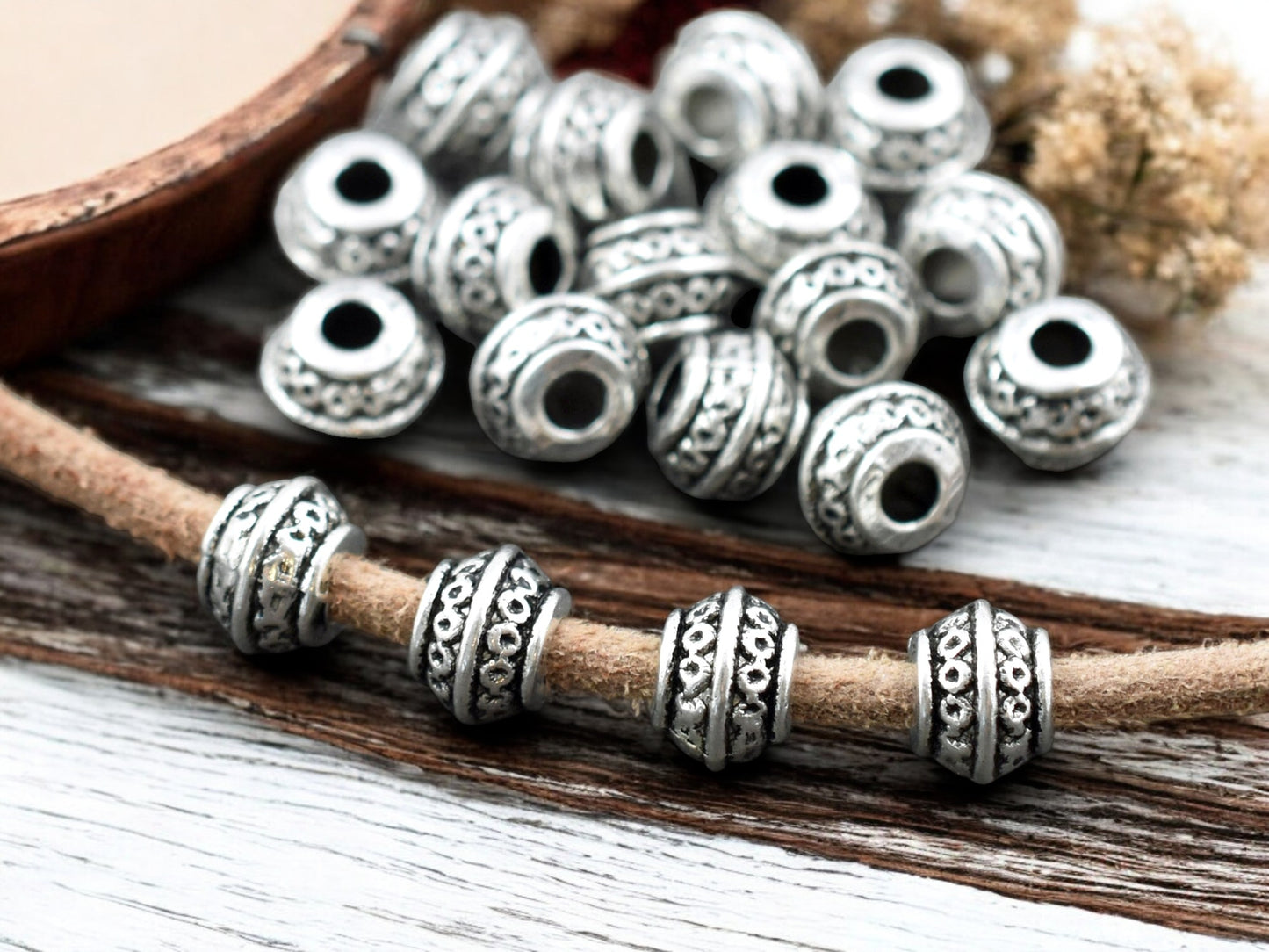 *50* 9x7mm  Antique Silver Large Hole Barrel Beads