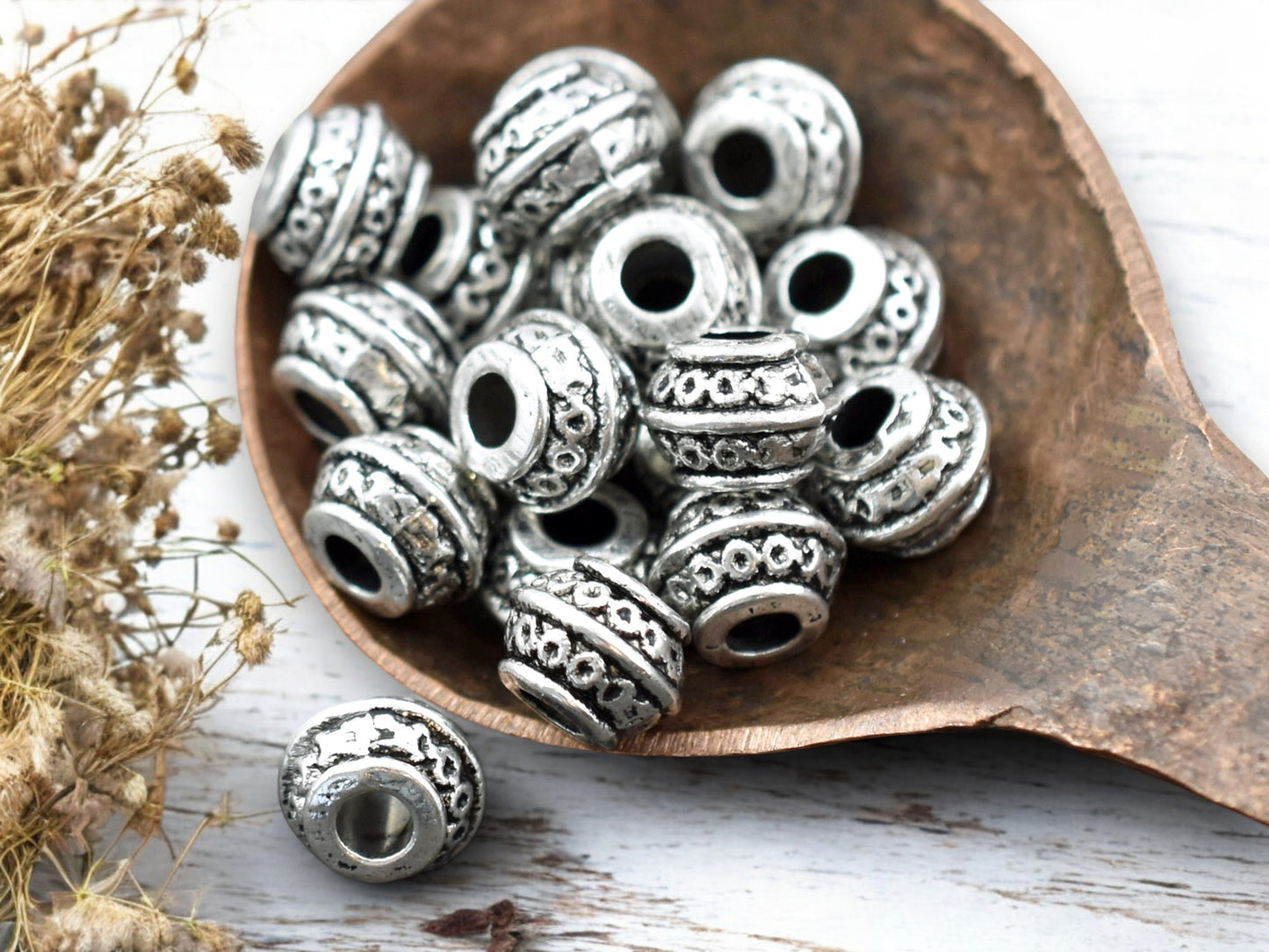 *50* 9x7mm  Antique Silver Large Hole Barrel Beads