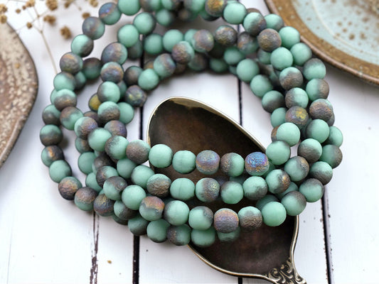 *30* 6mm Etched Green Turquoise Metallic AB Round Druk Beads