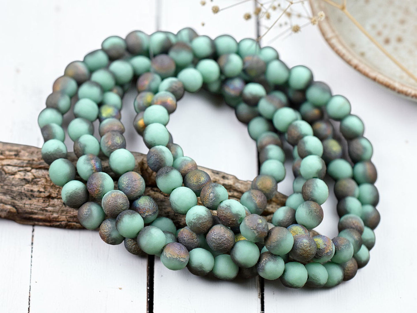 *30* 6mm Etched Green Turquoise Metallic AB Round Druk Beads