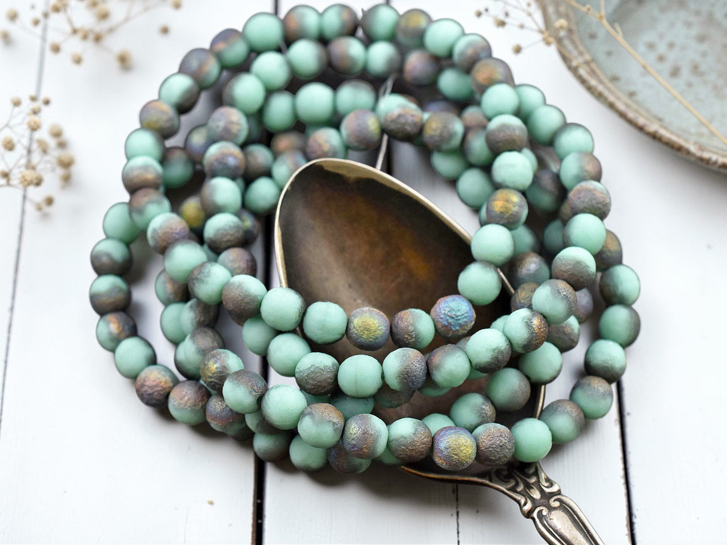 *30* 6mm Etched Green Turquoise Metallic AB Round Druk Beads