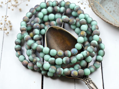 *30* 6mm Etched Green Turquoise Metallic AB Round Druk Beads