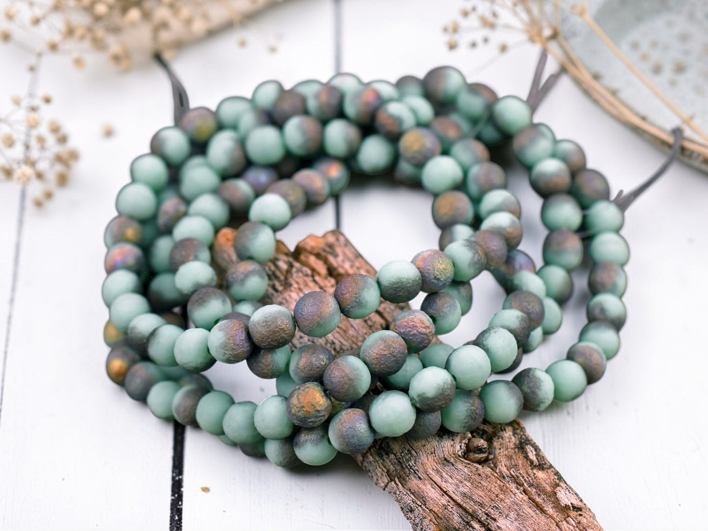 *30* 6mm Etched Green Turquoise Metallic AB Round Druk Beads