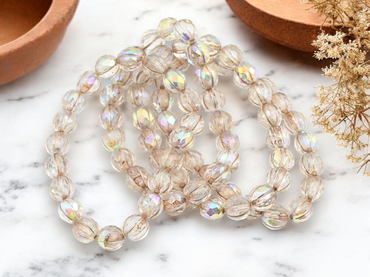 *20* 8mm Metallic Beige Washed Crystal AB Faceted Round Melon Beads