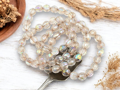 *20* 8mm Metallic Beige Washed Crystal AB Faceted Round Melon Beads