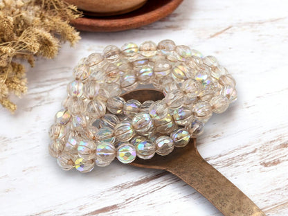 *20* 8mm Metallic Beige Washed Crystal AB Faceted Round Melon Beads